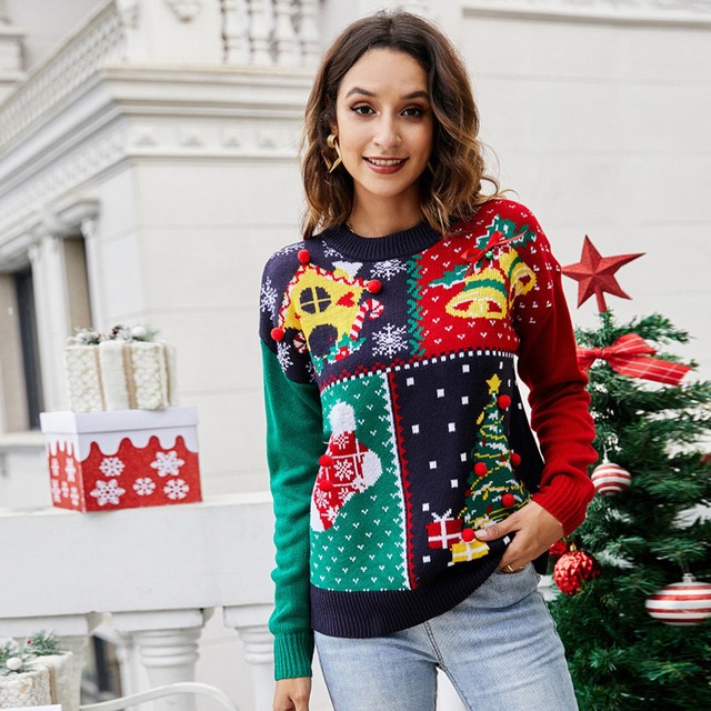 Dzianinowy świąteczny sweter damski 2021 z wzorem płatka śniegu i drzewka - tanie ubrania i akcesoria