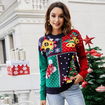Dzianinowy świąteczny sweter damski 2021 z wzorem płatka śniegu i drzewka