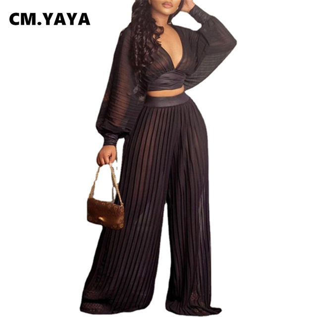 Kobiece dresy CM.YAYA - stałe, przezroczyste, plisowane bluzki z szerokimi spodniami jesień 2021 (2 sztuki) - tanie ubrania i akcesoria