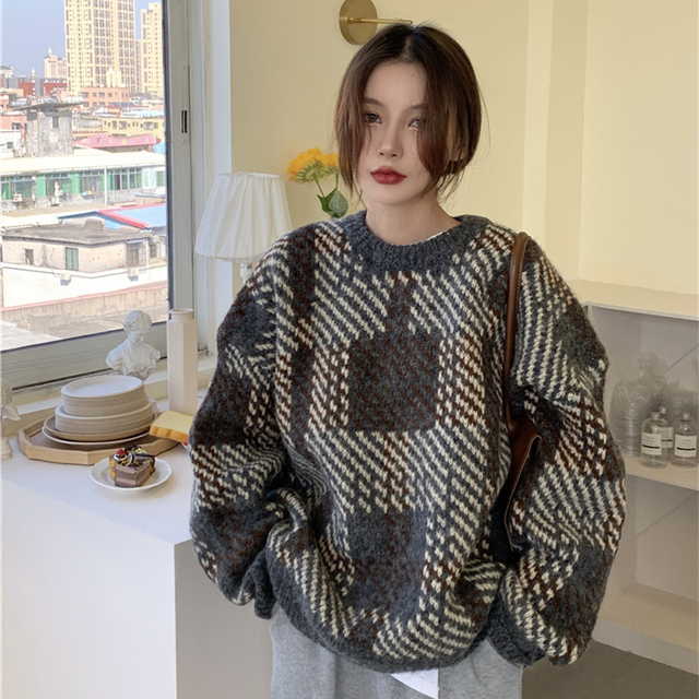 Damski sweter jesienno-zimowy w stylu retro ze wzorem koreańskiej kraty i luźnym długim rękawem - tanie ubrania i akcesoria