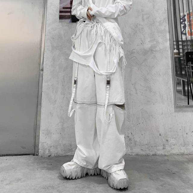 Damskie spodnie capri QWEEK Techwear z szerokimi, workowatymi nogawkami - białe i czarne w stylu emo, streetwear, grunge i punk z kieszeniami na biodrach i luźnym krojem w stylu hippie - tanie ubrania i akcesoria