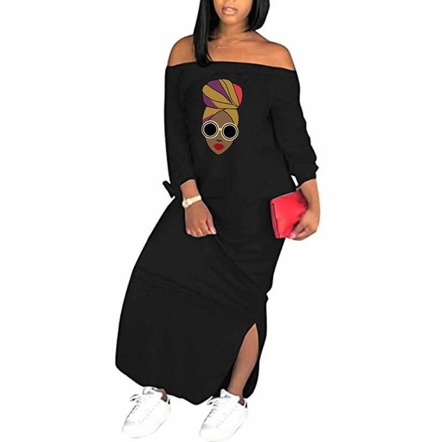 Czarna damska sukienka Casual z off-ramiem, długimi rękawami, rozcięciami po bokach i ozdobnym kokardkowym nadrukiem - tanie ubrania i akcesoria