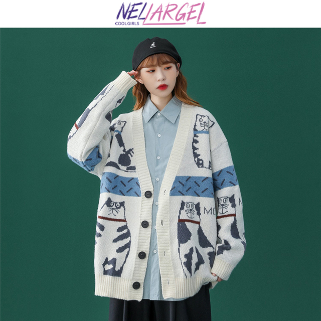 Koreański sweter rozpinany NELLARGEL 2021, kobiety, dzianinowy, zimowy, vintage, luźny, kawaii, Harajuku - tanie ubrania i akcesoria