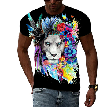Nowe, letnie męskie koszulki z krótkim rękawem - 3D wzór harajuku, grafika z lewem i zwierzętami