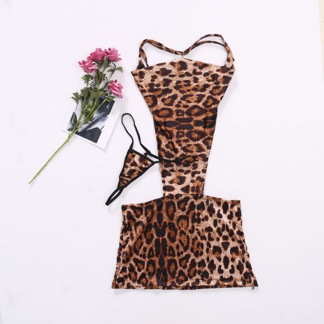 Nowa seksowna halka nocna damska Leopard - mini sukienka z dekoltem na plecach i misiom Q1FA - tanie ubrania i akcesoria