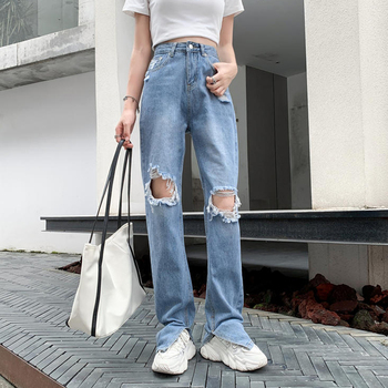 Lucyever Vintage dżinsy damskie z wysokim stanem i dziurami, modna w stylu Harajuku, proste niebieskie, luźne spodnie z szerokimi nogawkami, w stylu jeansowym, 2021