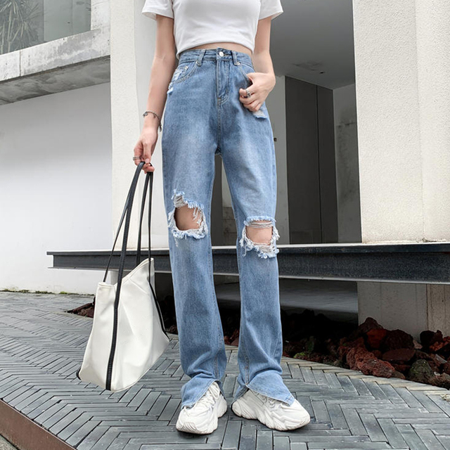 Lucyever Vintage dżinsy damskie z wysokim stanem i dziurami, modna w stylu Harajuku, proste niebieskie, luźne spodnie z szerokimi nogawkami, w stylu jeansowym, 2021 - tanie ubrania i akcesoria