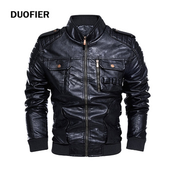 Czarna skórzana kurtka męska w stylu motocyklowym - Jesień/Zima, Streetwear, futro - rozmiar 4XL