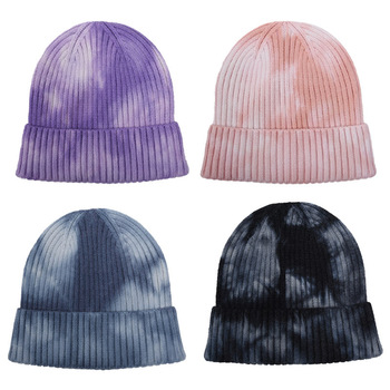 Zimowa czapka unisex z dzianiny Tie-Dye ombre dla kobiet i mężczyzn - Skullies jesień zima beanie z krótkim mankietem - wzór Travis Scott