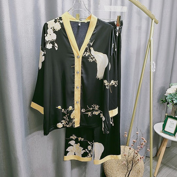 Piżamy damskie z dekoltem w serek, drukowane Loungewear z długim rękawem - bielizna nocna dla kobiet, japońskie kimono cardigan, ubrania domowe