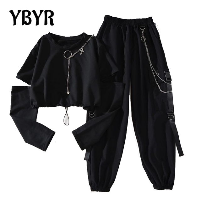 Spodnie capri kobiety i mężczyźni Harajuku Cargo - modny, casualowy dwuczęściowy garnitur z długim rękawem i gumką w talii + wstążka - YBYR Punk lanca! - tanie ubrania i akcesoria