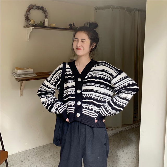 Vintage koreański sweter w stylu Geometryczny dekolt 2022 jesień i wiosna pojedynczy płaszcz - tanie ubrania i akcesoria