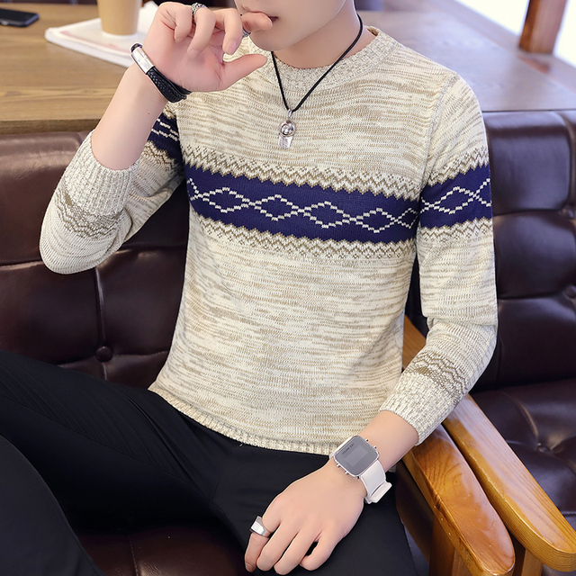 Męska sweterkowa bluza wiosenna ze wzorem falistych pasków, dekolt O-neck, slim fit, rozmiar 3XL, C273 - tanie ubrania i akcesoria
