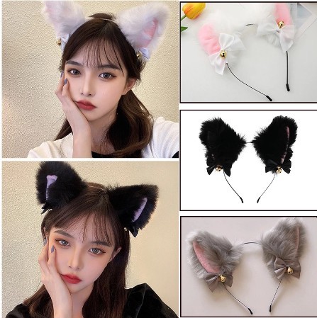 Piękne ucho kota z muszką i dzwoneczkiem - kostium Cosplay na Halloween z pałąkiem - akcesoria do włosów ucho kota - tanie ubrania i akcesoria