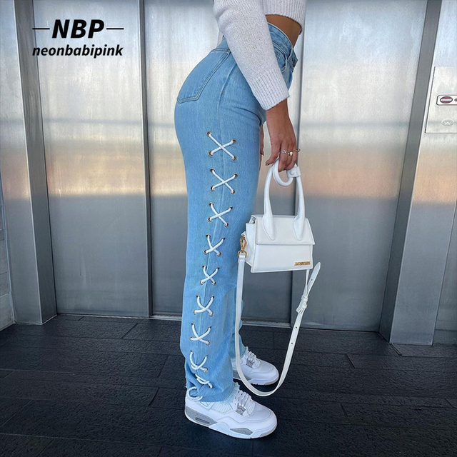 Boczne sznurowane długie jeansy damskie w odcieniu niebieskim NEONBABIPINK - Streetwear modnych ciuchów - N82-EZ62 - tanie ubrania i akcesoria