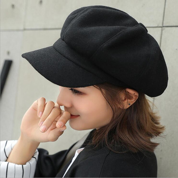Beret z wełny dla kobiet, ośmioboczny, stylowy czarny szary beret - jesień zima