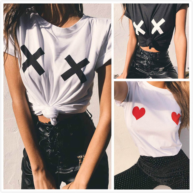 Koszulka damska z krótkim rękawem w kształcie serca z nadrukiem śmiesznych piersi - tanie ubrania i akcesoria