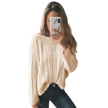 Sweter damski zimowy o solidnym kolorze, biało-różowy, z długimi rękawami i swobodnym krojem