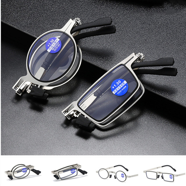 Metalowe składane okulary do czytania, kwadratowe, okrągłe, ultra lekkie, męskie i damskie, niebieskie, retro, z możliwością regulacji dioptrii +1.0 do +4.0 - tanie ubrania i akcesoria
