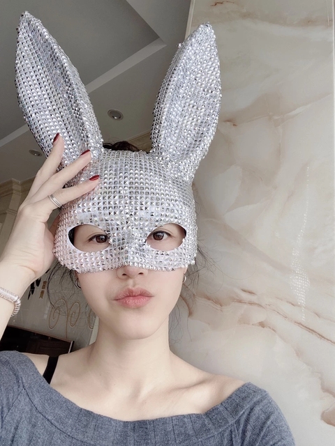 Srebrne królicze uszy maski sceniczne do chińskiego tańca ludowego - tanie ubrania i akcesoria