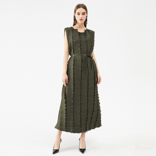 Sukienka wysokiej mody Miyake plisowana, wyszywana koralikami, projektant inspirowany, pasek, Plus Size, estetyczna - tanie ubrania i akcesoria