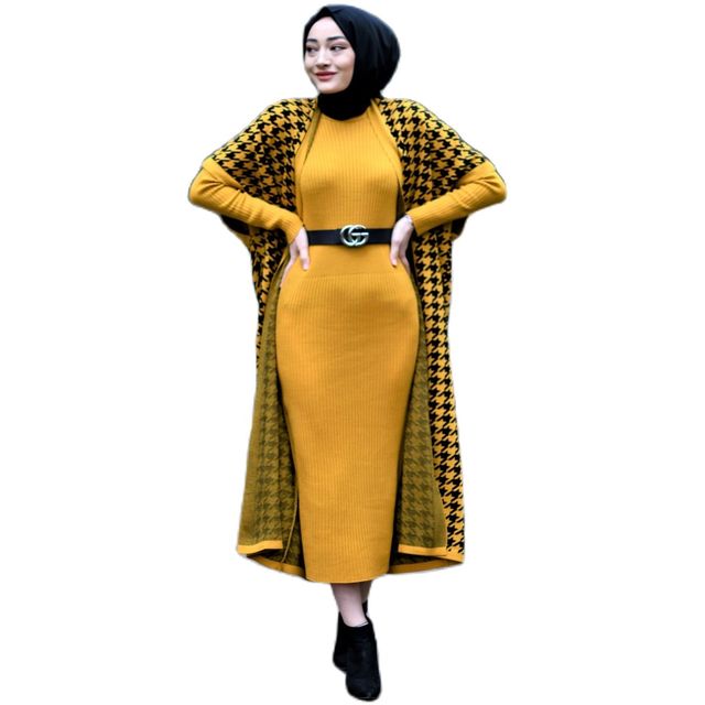 Kobiecy zestaw: sukienka Maxi z golfem i sweter Maxi z długim rękawem w modnym wzorze - kategoria: Islamska odzież - tanie ubrania i akcesoria