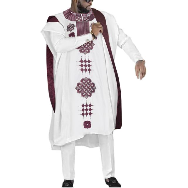 Mężczyźni haftowane Dashiki Agbada - tradycyjna odzież afrykańska - koszula + spodnie 3 szt. garnitur - zestaw muzułmański PH9173 - tanie ubrania i akcesoria