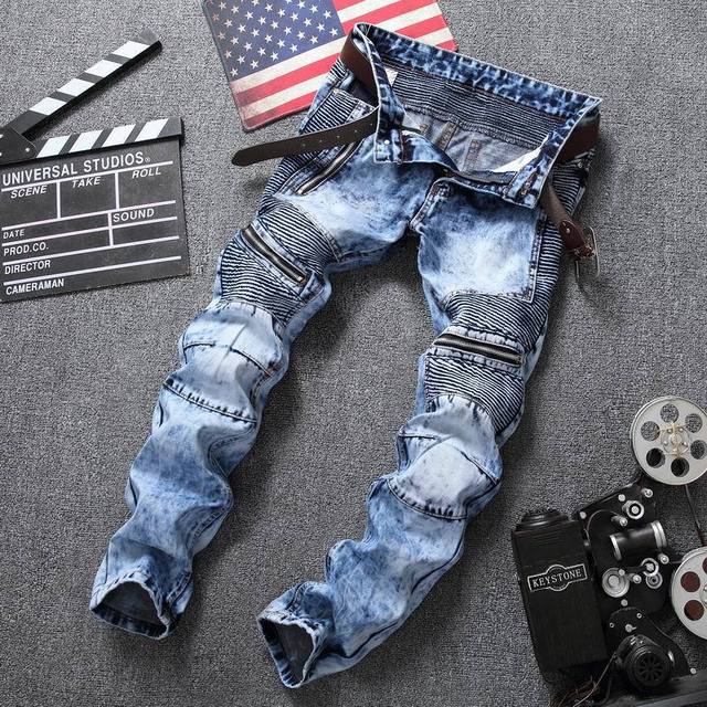 Męskie jeansy slim fit z prosto składanym zamkiem, w niebieskim kolorze Snowflake, 2021 - europejski i amerykański styl - tanie ubrania i akcesoria