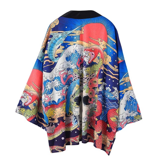 Rozpraszany przez słońce i chroniący przed nim, japoński kimono kardigan - cienki płaszcz z motywami fengukiyo-e i taoistyczną szatą Hanfu w stylu chińskim - tanie ubrania i akcesoria