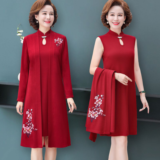 Szlachetna elegancka sukienka w stylu qipao dla średnio-wiecznych matek, haftowana, dwuczęściowy garnitur w rozmiarze Plus 5XL - tanie ubrania i akcesoria