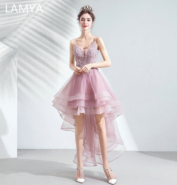 Sukienka koktajlowa LAMYA Plus z V-neck, paskiem spaghetti, dłuższymi plecami i krótszym przodem (rozmiar: wysoki niski, formalny) - tanie ubrania i akcesoria