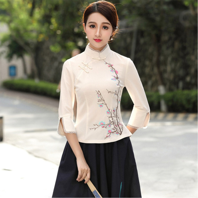 Fioletowy Qipao Top z haftem z bawełny w stylu Vintage dla kobiet w chińskim stylu Cheongsam - tanie ubrania i akcesoria