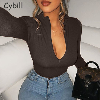 Jesienna Bodycon Body Cybill Zipper z długim rękawem – czarne zimowe ciało dla kobiet