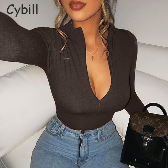 Jesienna Bodycon Body Cybill Zipper z długim rękawem – czarne zimowe ciało dla kobiet - tanie ubrania i akcesoria
