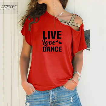 Kobiety t-shirt Miłość na żywo - taniec drukuj, krótki rękaw sexy nieregularne pochylić krzyż, Plus rozmiar S-5XL