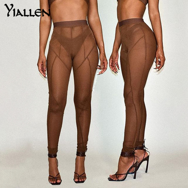 Legginsy Yiallen przezroczyste, wysokiej talii 2021 Sexy, Patchwork, kształtowanie sylwetki, paski, demoniczny styl - tanie ubrania i akcesoria