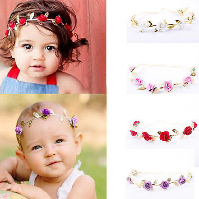 Urocza złota opaska na włosy z różowymi kwiatowymi liśćmi dla dziewczynek - tanie ubrania i akcesoria