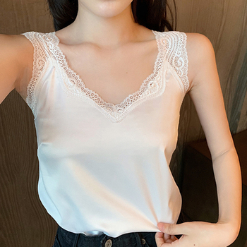 Podkoszulki patchwork z koronką 2022 dla kobiet - sexy dekolt, czarna jedwabna tkanina, letnie, damskie topy na ramiączkach w modnym stylu camisole - rozmiar 4XL