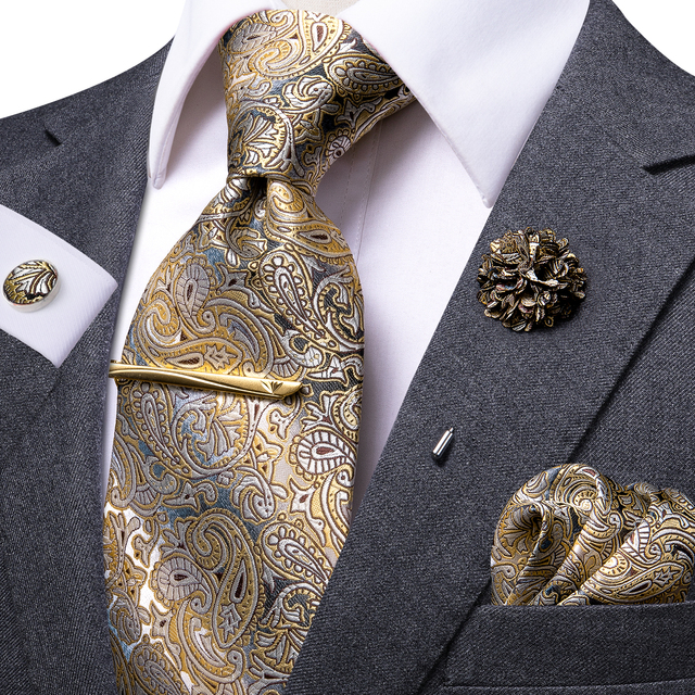 Męski krawat jedwabny Paisley żółty brązowy - zestaw krawat z klipem i spinki do mankietów, idealny na formalne wesele - tanie ubrania i akcesoria