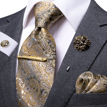 Męski krawat jedwabny Paisley żółty brązowy - zestaw krawat z klipem i spinki do mankietów, idealny na formalne wesele