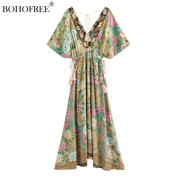 Sukienka Boho Peacock Maxi V Neck krótki rękaw Rayon bawełna długi Vestidos frędzle wiosna lato damskie