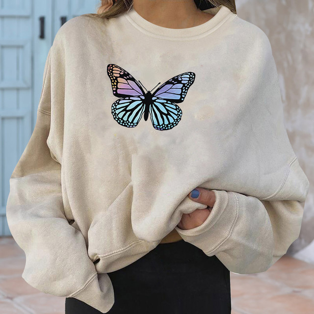 Bluza damska jesienno-zimowa z długim rękawem, okrągły dekolt, motylowy nadruk, luźny fason - tanie ubrania i akcesoria