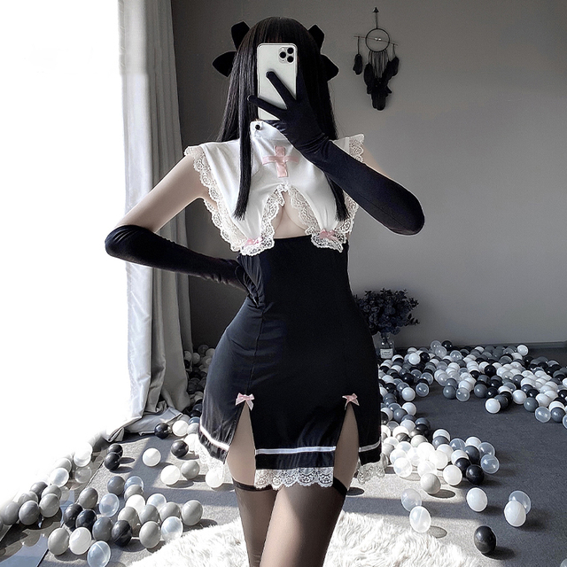Seksowna koronkowa sukienka cosplay w stylu kawaii anime - zakonnica bez rękawów - tanie ubrania i akcesoria