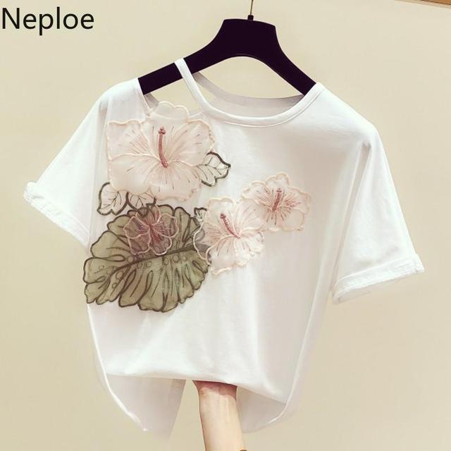 Koszulka damska krótki rękaw haftowane kwiaty Neploe Korean Fashion 2021 lato białe nadruki koszule top - tanie ubrania i akcesoria