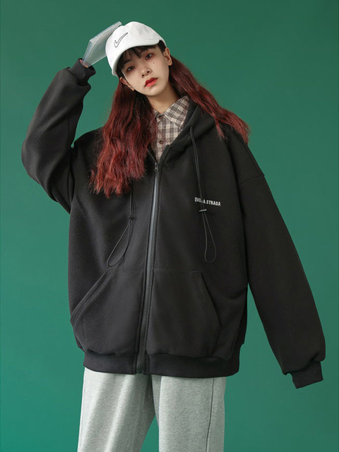 Kardigan sportowy aksamitny damski sweter z kapturem Plus - jesienno-zimowy, koreański styl Harajuku, luźne koszulki z zamkiem - tanie ubrania i akcesoria