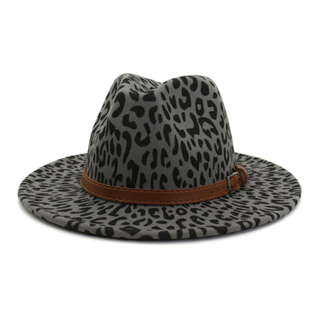 Unisex płaski rondo filcowy kapelusz Fedora z wełny - Dżazowy styl dla mężczyzn i kobiet w panterkowe wzory