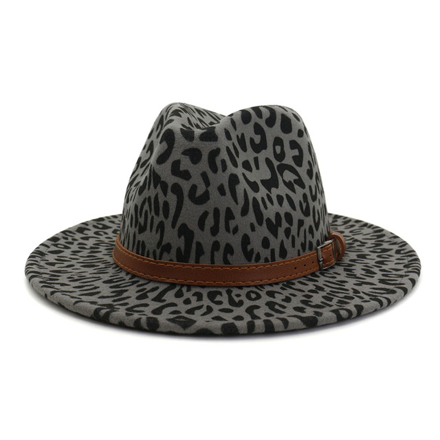 Unisex płaski rondo filcowy kapelusz Fedora z wełny - Dżazowy styl dla mężczyzn i kobiet w panterkowe wzory - tanie ubrania i akcesoria