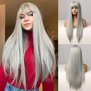 Peruka Cosplay ALAN EATON srebrno-szara, naturalnie długa z prostymi włosami, termoodporna peruka z grzywką dla kobiet