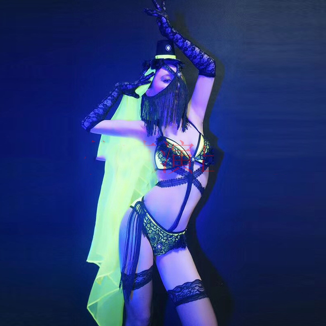 Kostium wokalistki GoGo o wydajnej fluorescencyjnej wydajności w klubie nocnym Bar Ds, z maską stroika sexy koronkowego bikini na parkiecie (DWY3663) - tanie ubrania i akcesoria