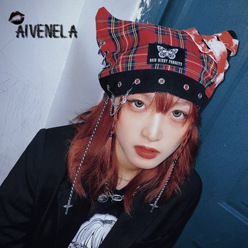 Czerwono-czarna gotycko-punkowa czapka Plaid z krzyżem i łańcuchem dla kobiet dziewczyn z wymiennym wiadrem i uchem kota - modny streetwear hip-hopowy